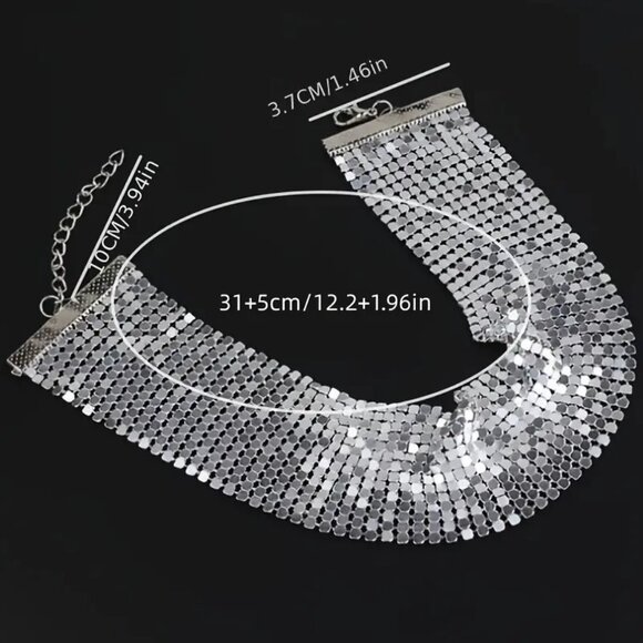 Necklace Choker Collar Mesh Metallic Silver Disco Bold Holloywood Glam Trendy - Picture 4 of 4